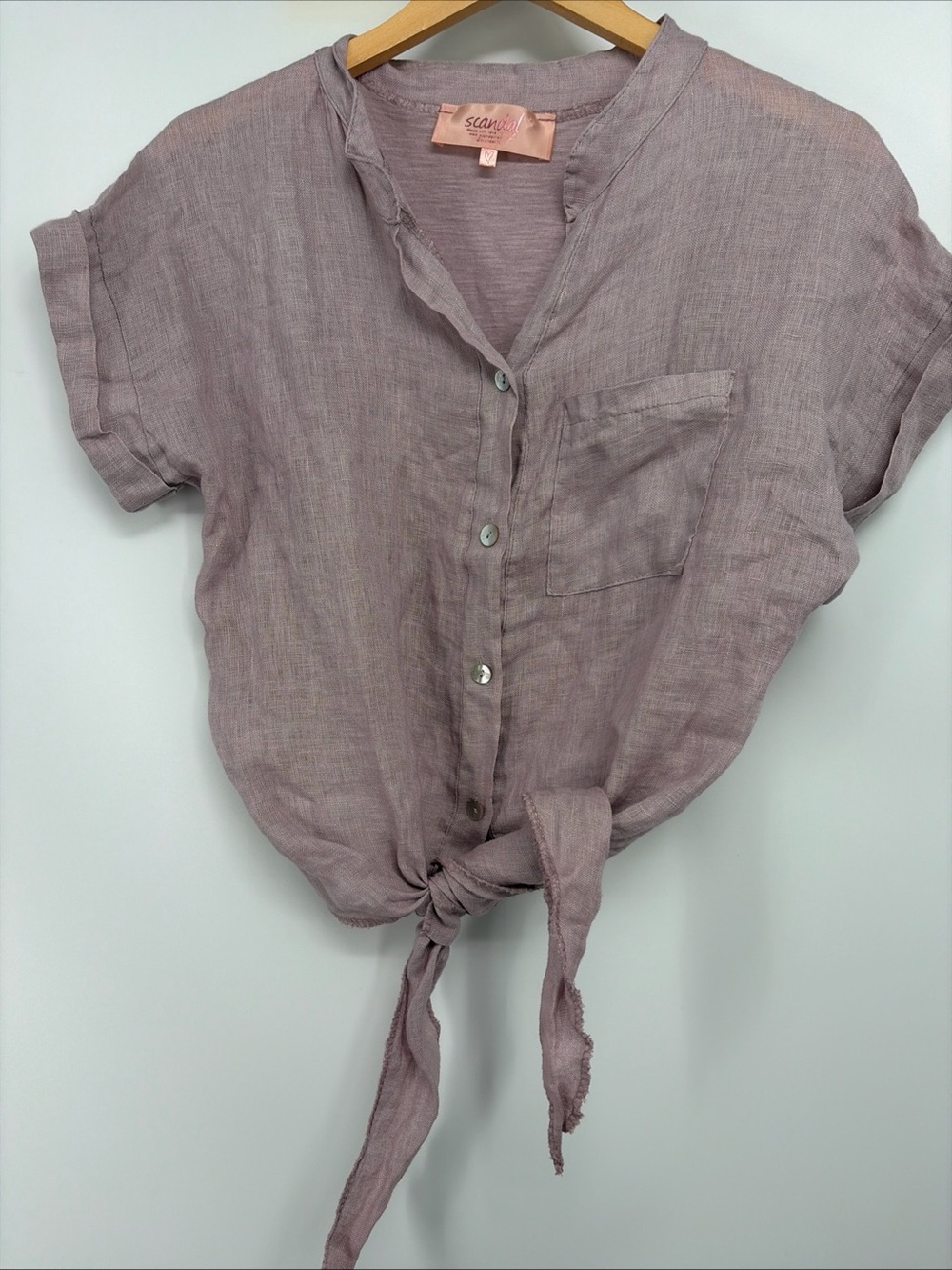 Scandal Italy Linen Cotton Small Tie Front Made in Italy Light Purple